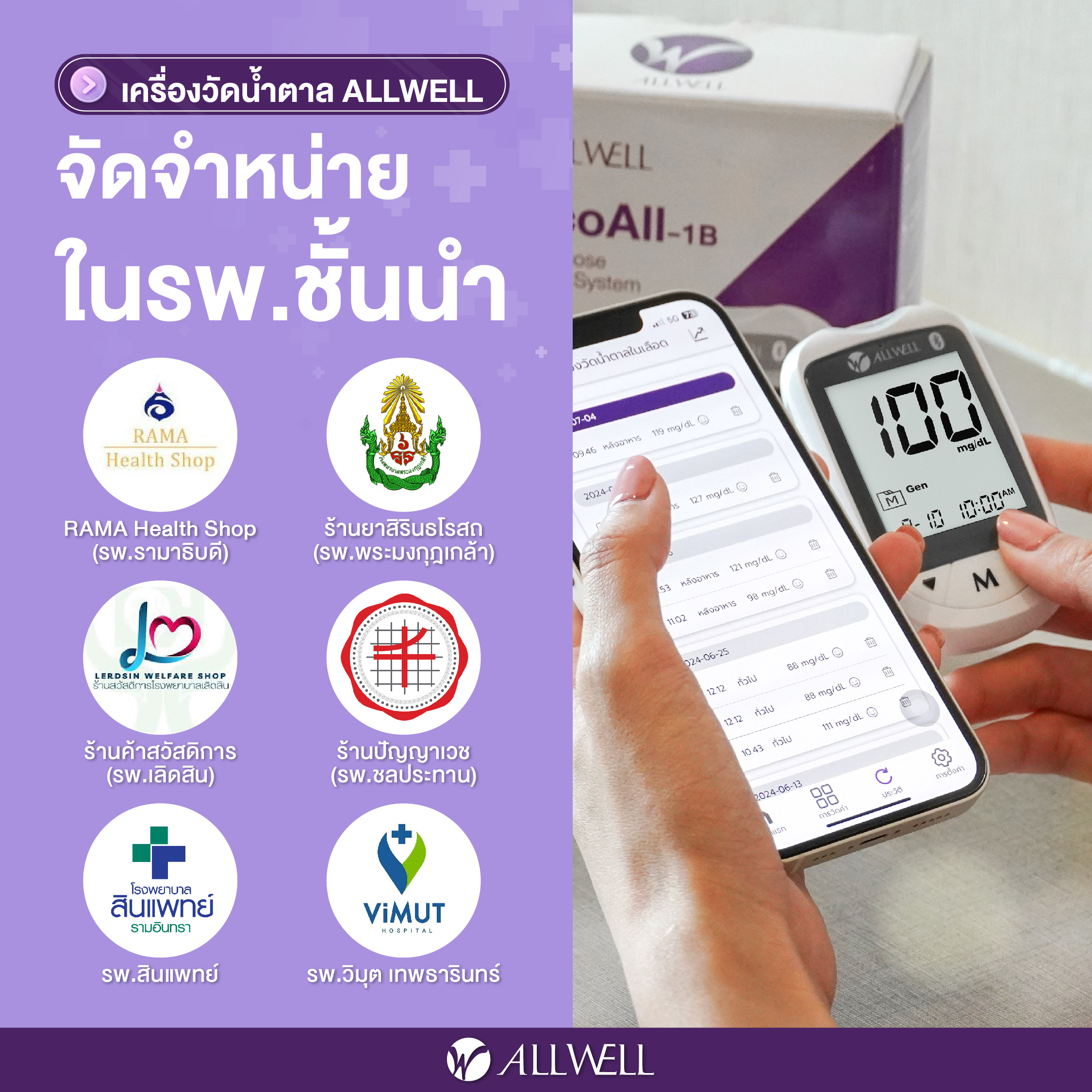  เครื่องวัดน้ำตาลในเลือด พร้อมอุปกรณ์ใช้งานครบชุด 60 ชิ้น รุ่น GlucoAll-1B สีขาว_7